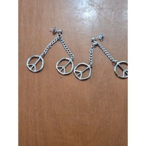 Silver Tone Peace Sign Double Dangle Chain Earrings Retro Boho Statement Jewelry
